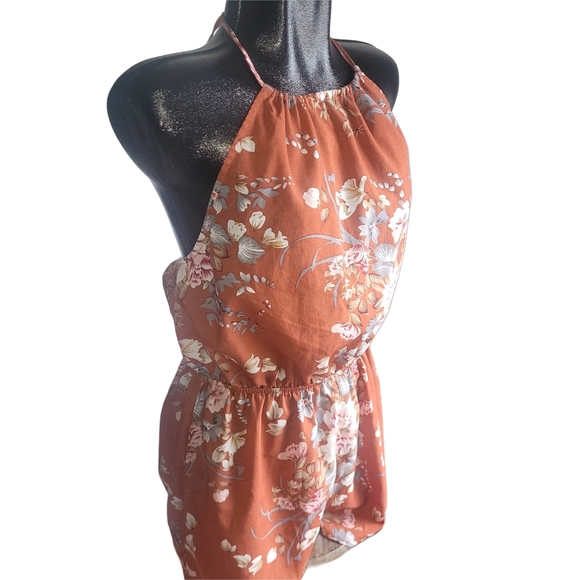 Shein Rust Colored Floral Halter Neck Romper XL - Picture 2 of 4